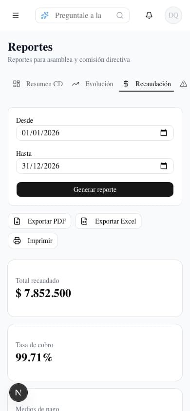 Reporte de recaudación con $7.8M cobrados y 99% tasa de cobro